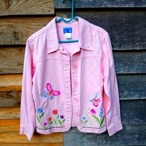 Pink Denim Jacket Embroidered Front Medium Purchased in Caribbean EUC